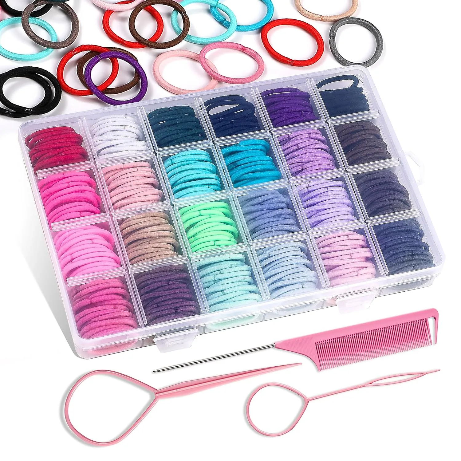 360PCS Hair Accessory Set: Elastic Ponytail Holders, Clear Organizer Box, Rat Tail Comb, 24 Colors for Kids, Toddlers, and Girls
