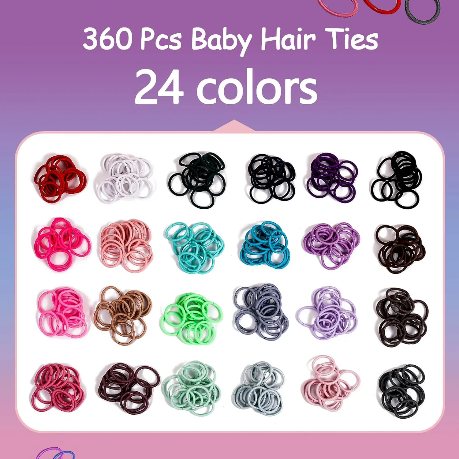 360PCS Hair Accessory Set: Elastic Ponytail Holders, Clear Organizer Box, Rat Tail Comb, 24 Colors for Kids, Toddlers, and Girls
