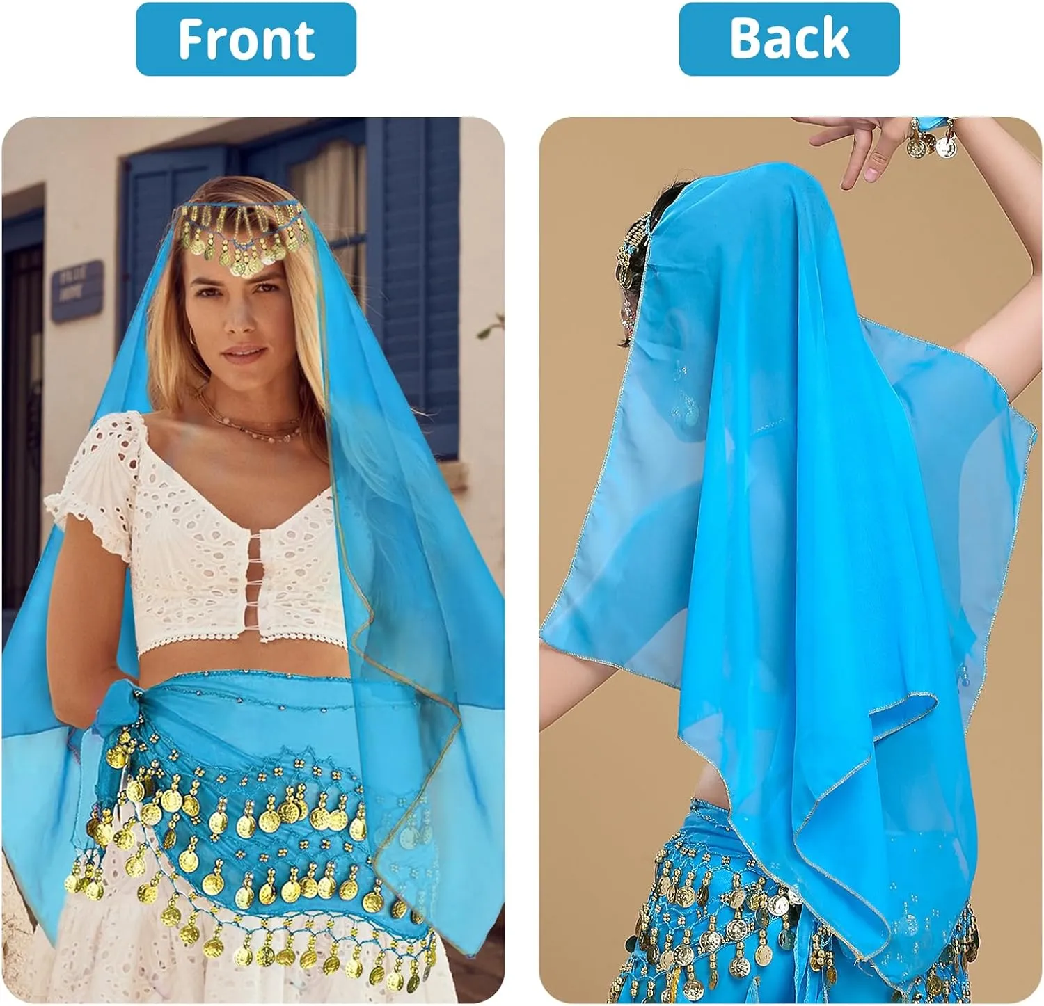 4 Pcs Belly Dance Outfit Sets Belly Dance Chiffon Hip Scarf, Head Scarf with Gold Coins 2 Coin Wrist Bracelet 50 Bobby Pins