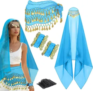 4 Pcs Belly Dance Outfit Sets Belly Dance Chiffon Hip Scarf, Head Scarf with Gold Coins 2 Coin Wrist Bracelet 50 Bobby Pins