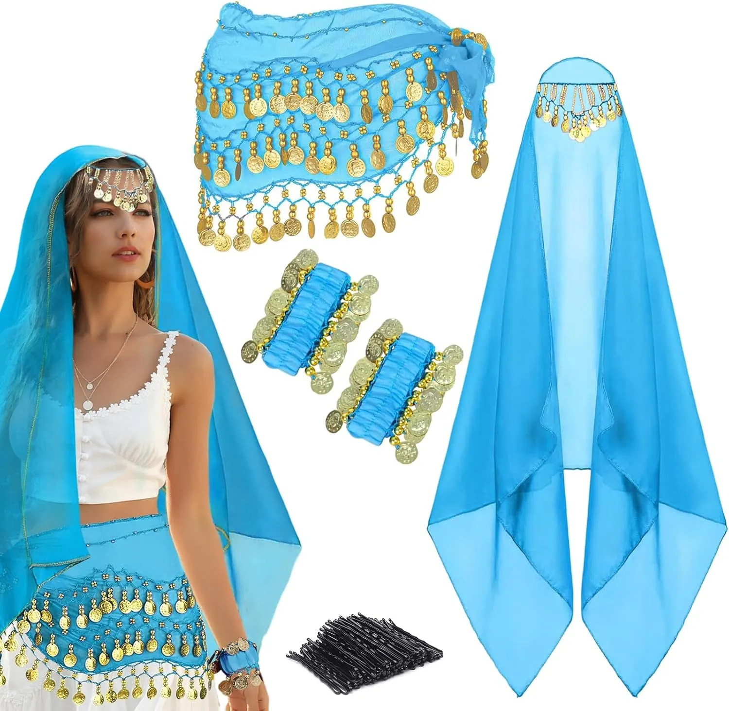 4 Pcs Belly Dance Outfit Sets Belly Dance Chiffon Hip Scarf, Head Scarf with Gold Coins 2 Coin Wrist Bracelet 50 Bobby Pins