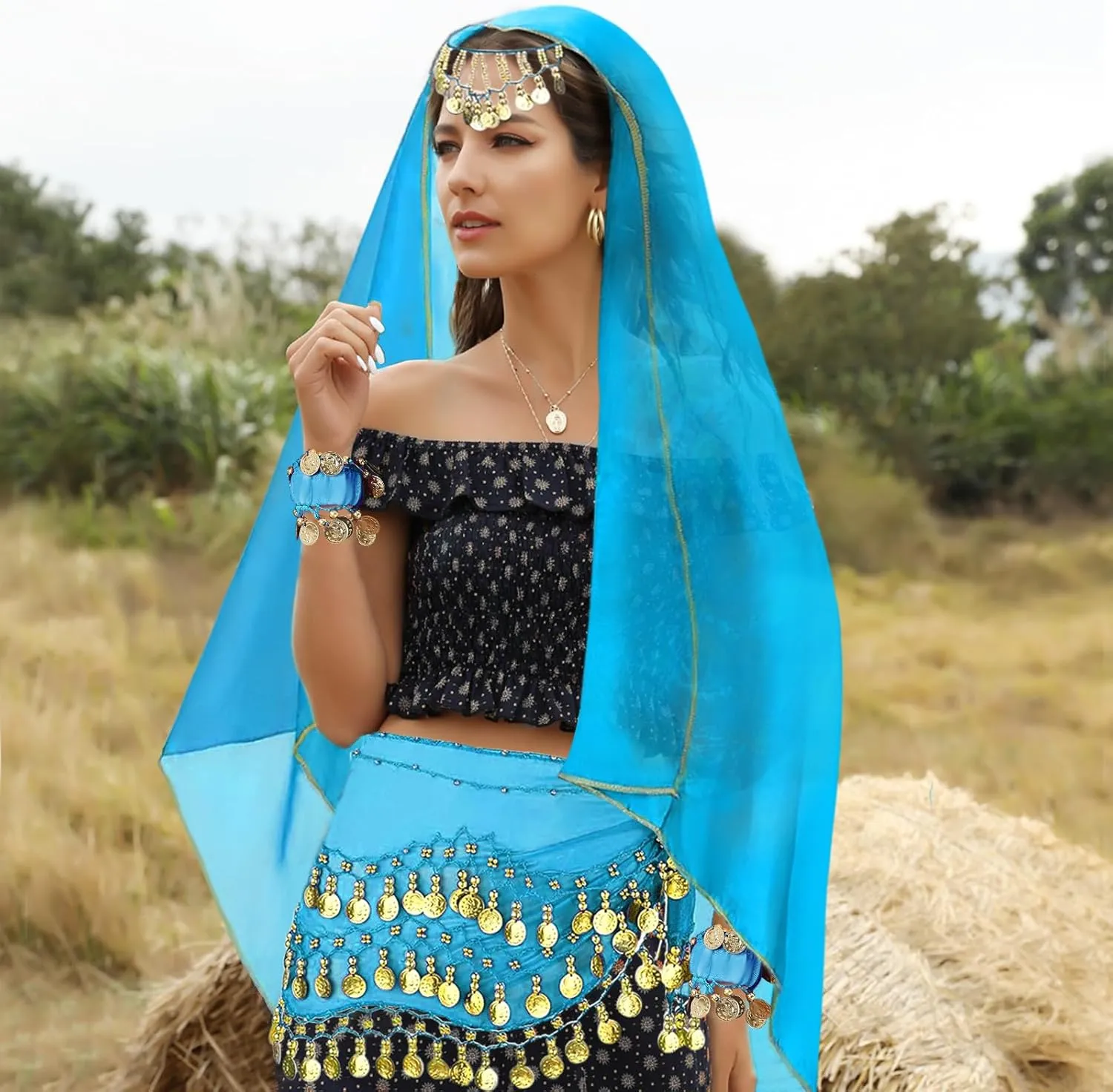 4 Pcs Belly Dance Outfit Sets Belly Dance Chiffon Hip Scarf, Head Scarf with Gold Coins 2 Coin Wrist Bracelet 50 Bobby Pins