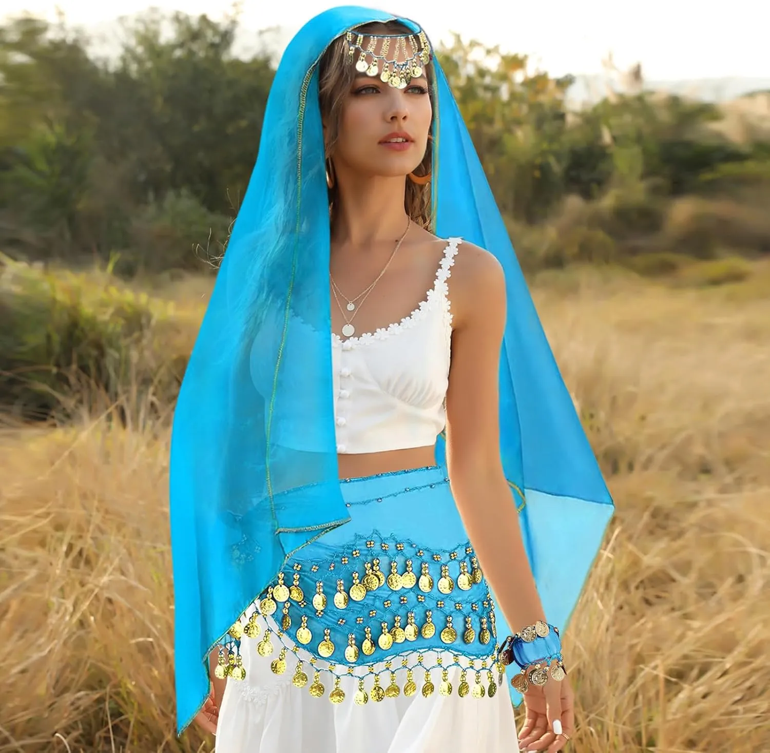 4 Pcs Belly Dance Outfit Sets Belly Dance Chiffon Hip Scarf, Head Scarf with Gold Coins 2 Coin Wrist Bracelet 50 Bobby Pins