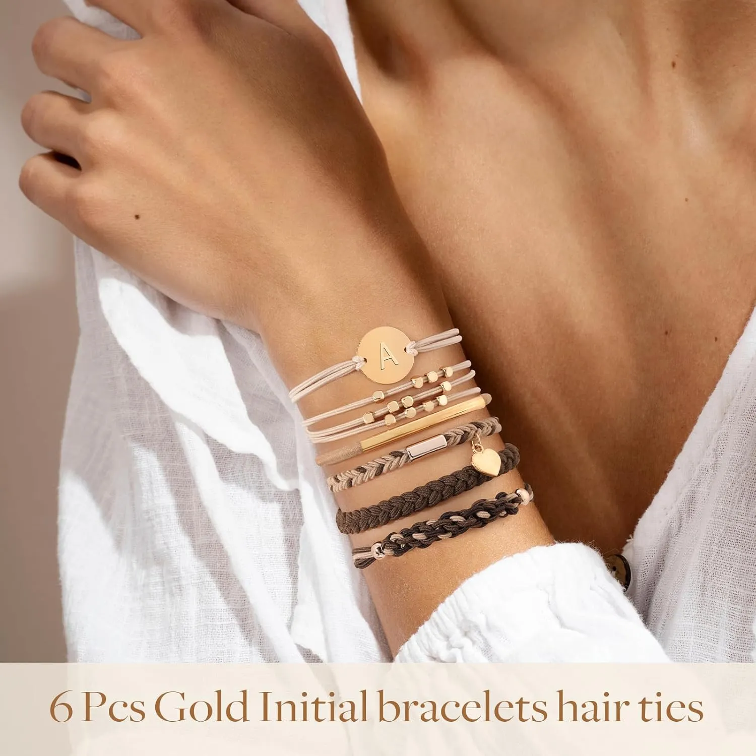 6 PCS Hair Bracelets for Women, Letter Boho Hair Ties for Thick & Thin Hair, Gold Initial Bracelet Sets, Dual-Use Stretch Bracelets, Braided Hair Ties for Ponytail Holders(A)