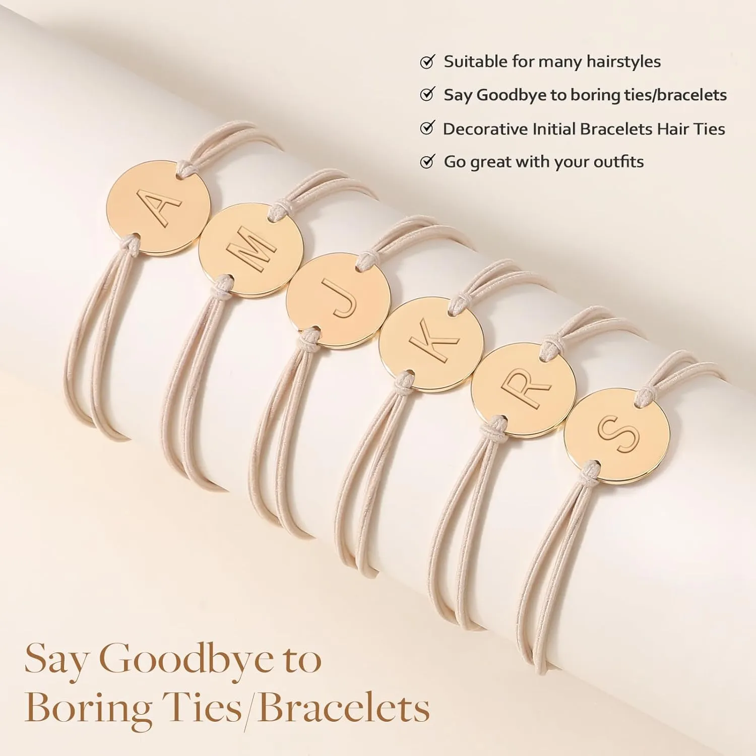 6 PCS Hair Bracelets for Women, Letter Boho Hair Ties for Thick & Thin Hair, Gold Initial Bracelet Sets, Dual-Use Stretch Bracelets, Braided Hair Ties for Ponytail Holders(A)