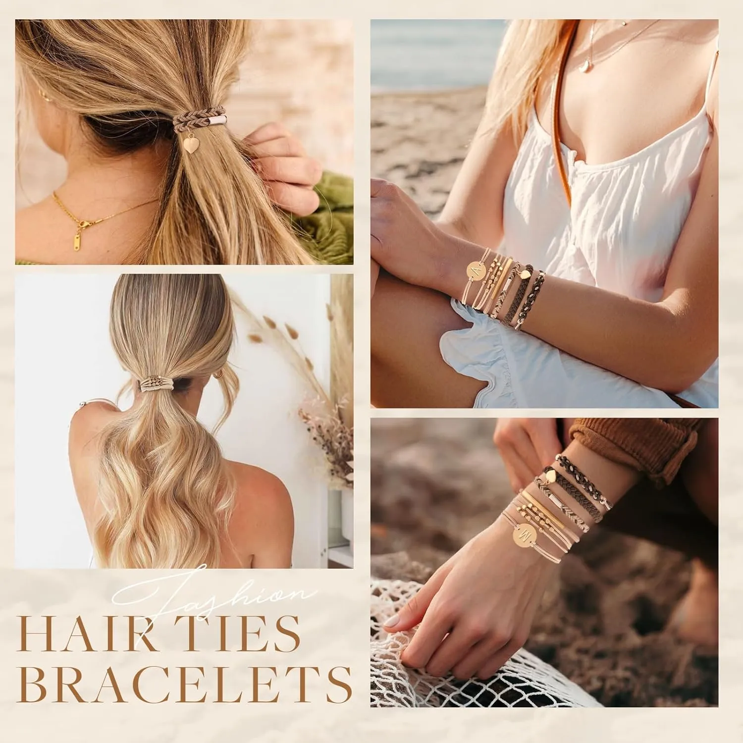 6 PCS Hair Bracelets for Women, Letter Boho Hair Ties for Thick & Thin Hair, Gold Initial Bracelet Sets, Dual-Use Stretch Bracelets, Braided Hair Ties for Ponytail Holders(A)