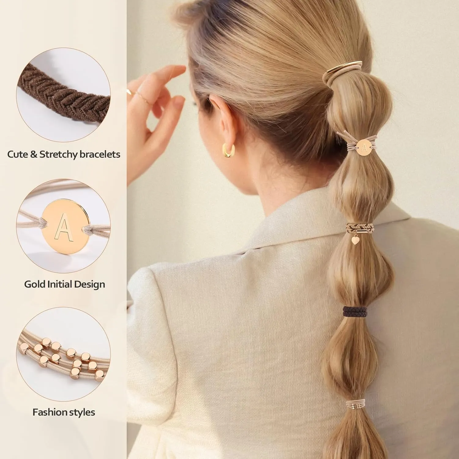 6 PCS Hair Bracelets for Women, Letter Boho Hair Ties for Thick & Thin Hair, Gold Initial Bracelet Sets, Dual-Use Stretch Bracelets, Braided Hair Ties for Ponytail Holders(A)