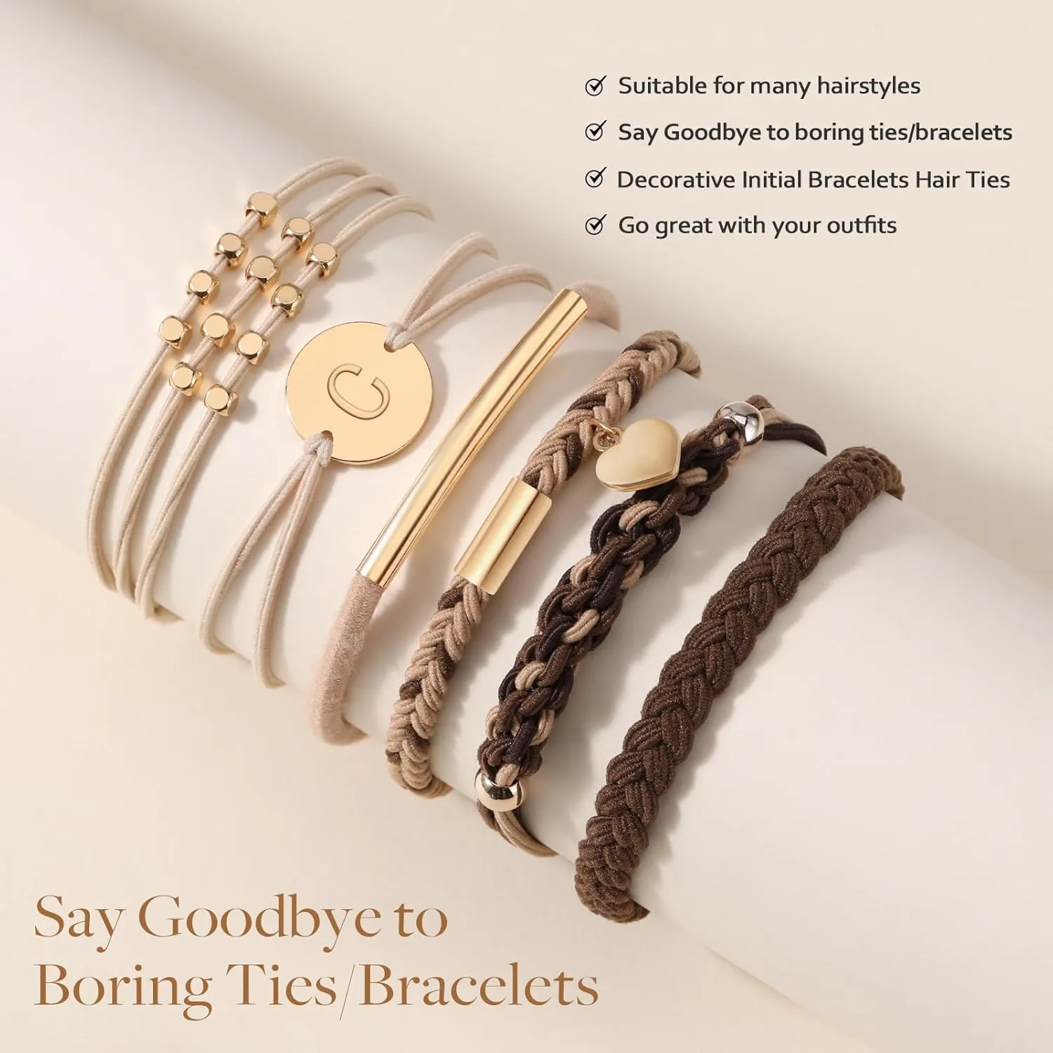 6 PCS Hair Bracelets for Women, Letter Boho Hair Ties for Thick & Thin Hair, Gold Initial Bracelet Sets, Dual-Use Stretch Bracelets, Braided Hair Ties for Ponytail Holders(C)