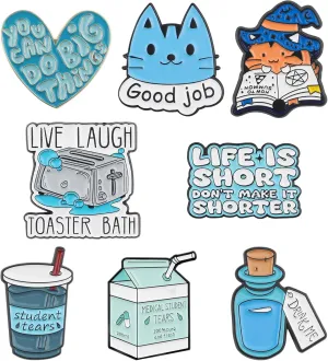 8Pcs Funny Enamel Pins Set,Blue Positive Energy Themed Badge Pins,Good Job Brooch,Unique Novelty Mood Cartoon Lapel Pin for Clothes Hats Bags Jackets
