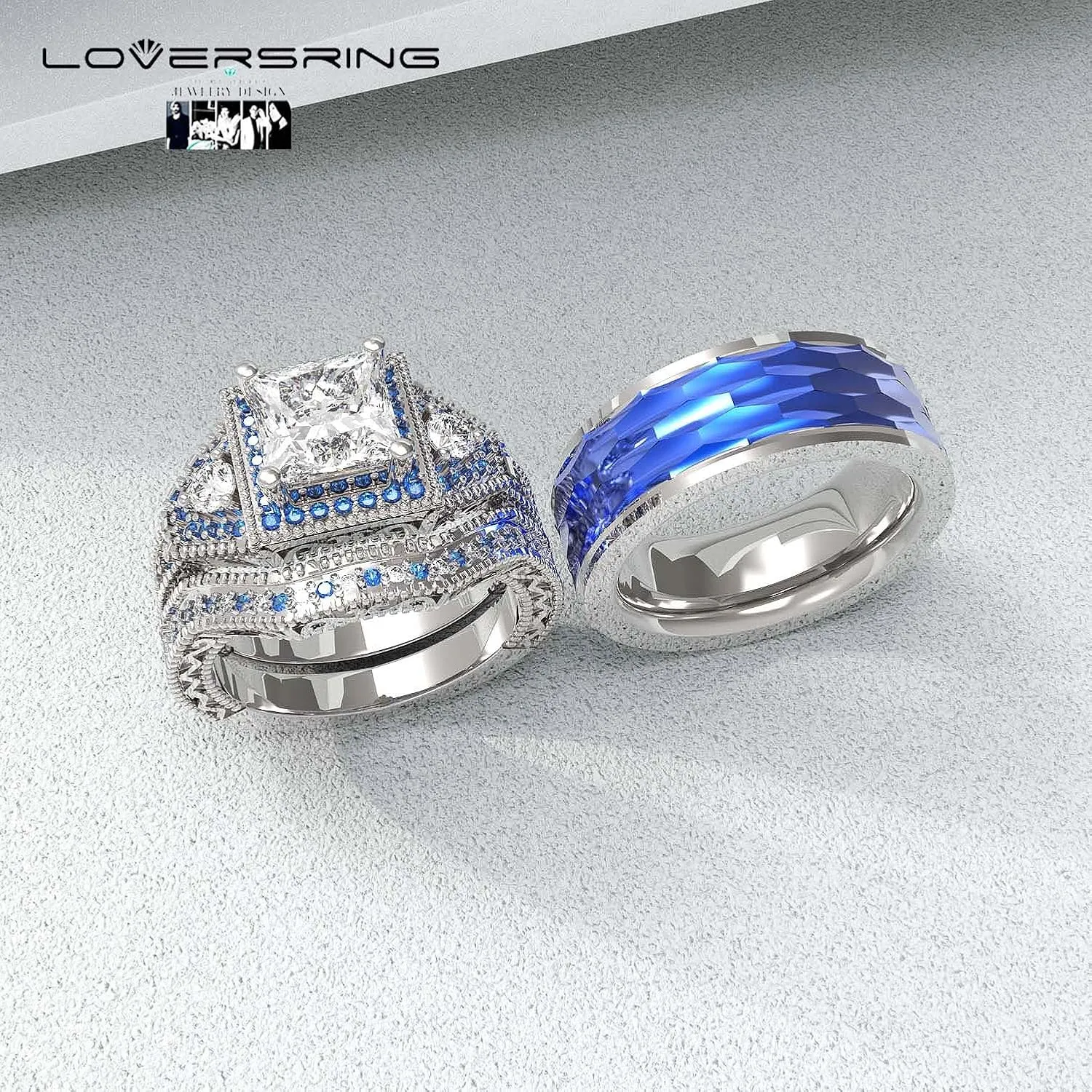 Adjustable size Bridal sets Wedding Ring Sets His And Hers Promise Ring Couples Bridal Sets Women 925 Sterling Silver Square Cz Man Titanium Wedding Band
