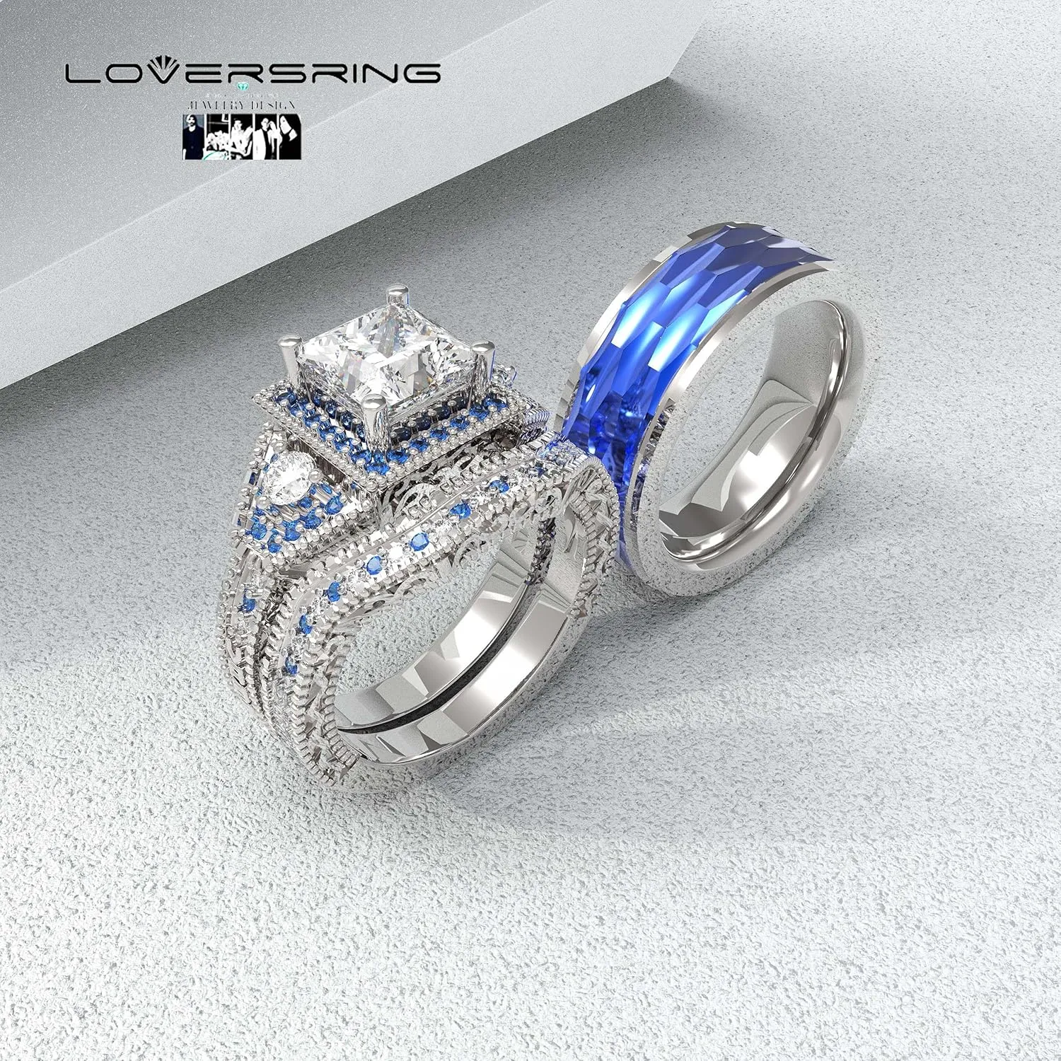 Adjustable size Bridal sets Wedding Ring Sets His And Hers Promise Ring Couples Bridal Sets Women 925 Sterling Silver Square Cz Man Titanium Wedding Band