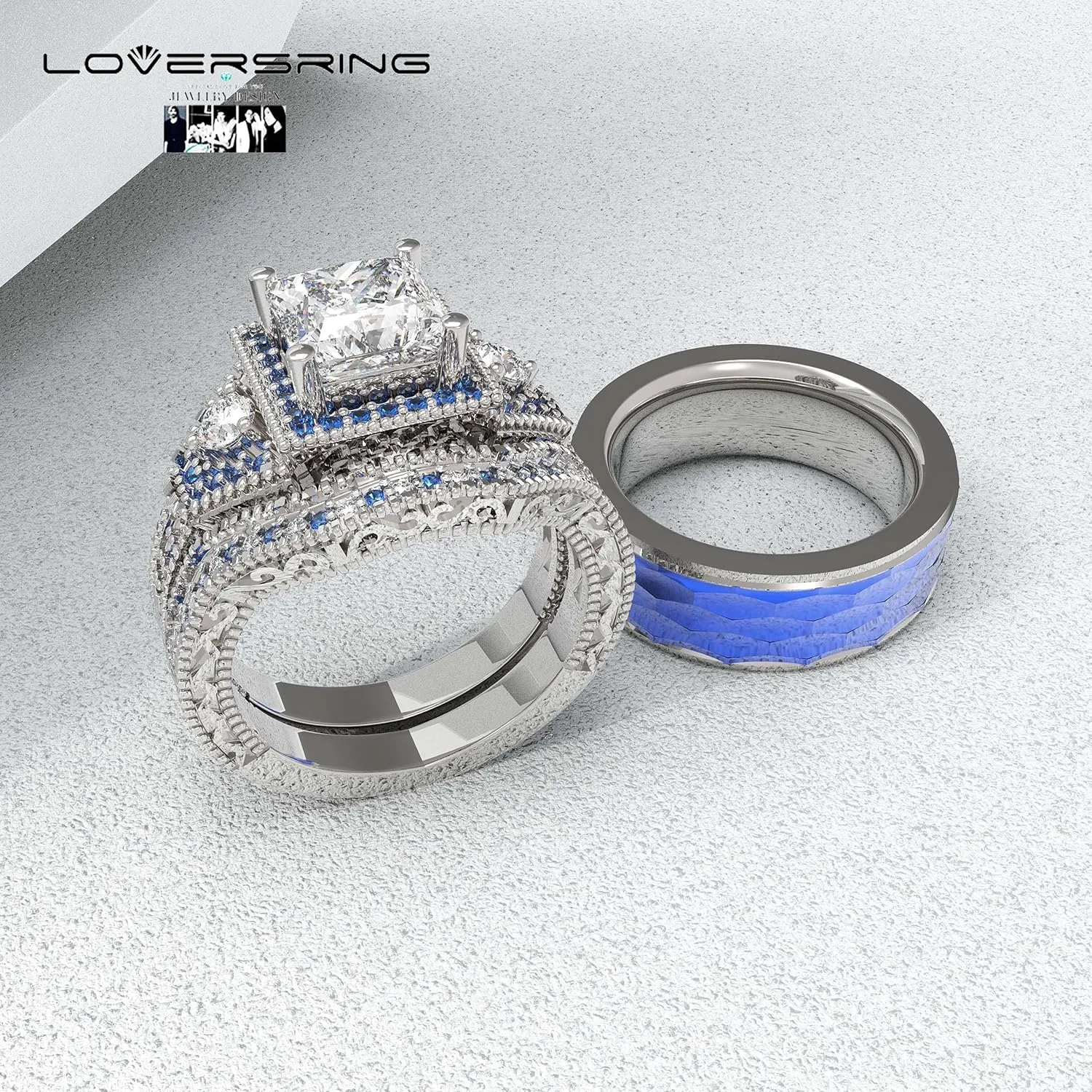 Adjustable size Bridal sets Wedding Ring Sets His And Hers Promise Ring Couples Bridal Sets Women 925 Sterling Silver Square Cz Man Titanium Wedding Band