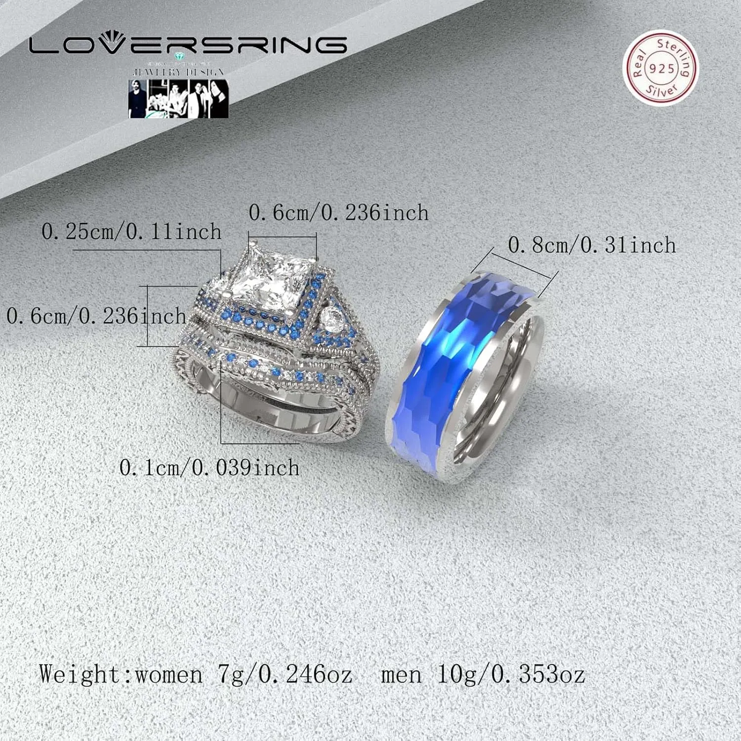 Adjustable size Bridal sets Wedding Ring Sets His And Hers Promise Ring Couples Bridal Sets Women 925 Sterling Silver Square Cz Man Titanium Wedding Band