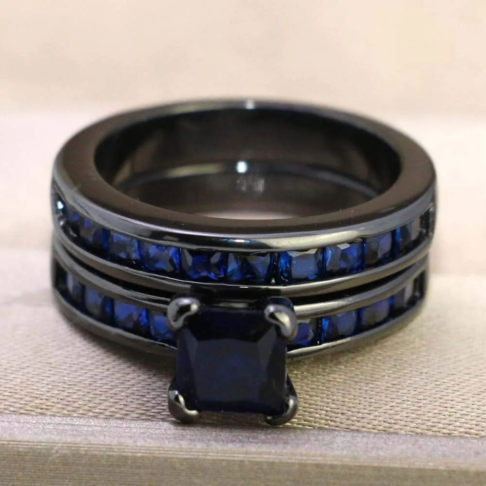 Bridal Sets Black Gold Plated Princess Cut 6mm Cz 2pcs Womens Wedding Band Ring Sets Engagement Ring