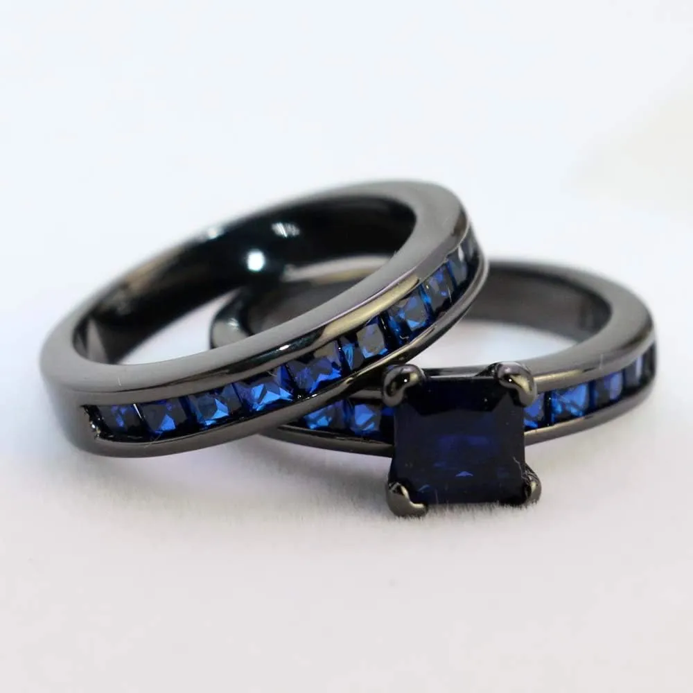 Bridal Sets Black Gold Plated Princess Cut 6mm Cz 2pcs Womens Wedding Band Ring Sets Engagement Ring