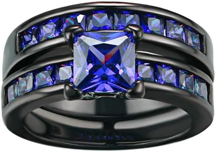 Bridal Sets Black Gold Plated Princess Cut 6mm Cz 2pcs Womens Wedding Band Ring Sets Engagement Ring