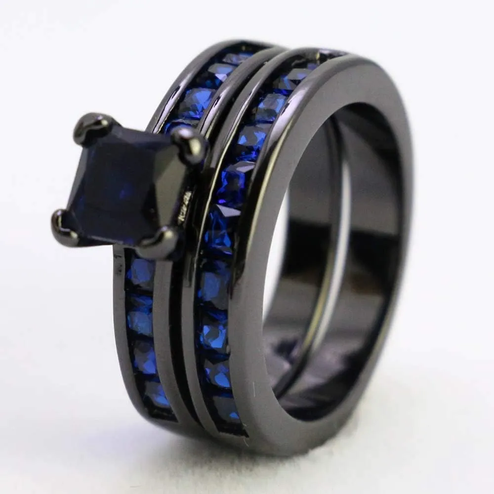 Bridal Sets Black Gold Plated Princess Cut 6mm Cz 2pcs Womens Wedding Band Ring Sets Engagement Ring