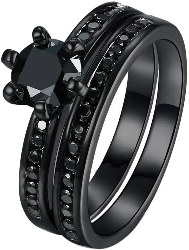 Bridal Sets Black Gold Plated Womens Wedding Ring Sets Green Cz Engagement Ring 2pcs Wedding Band