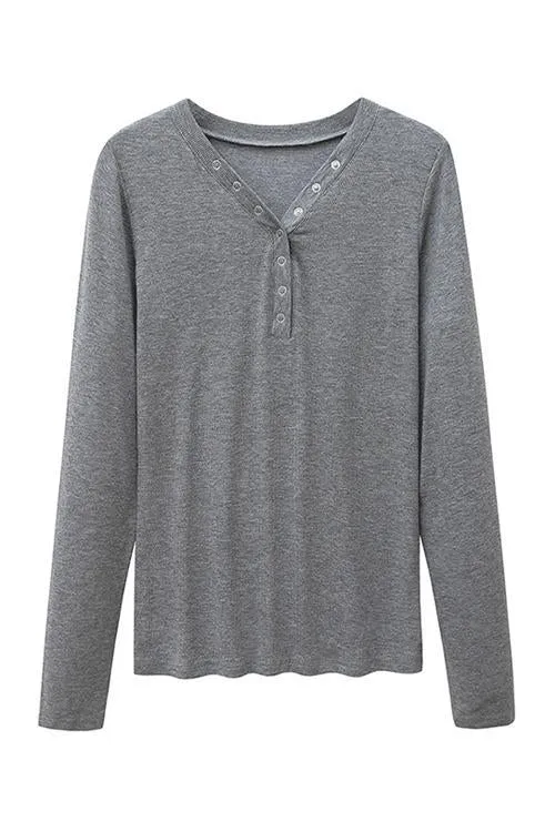 Button V Neck Long Sleeve T Shirt