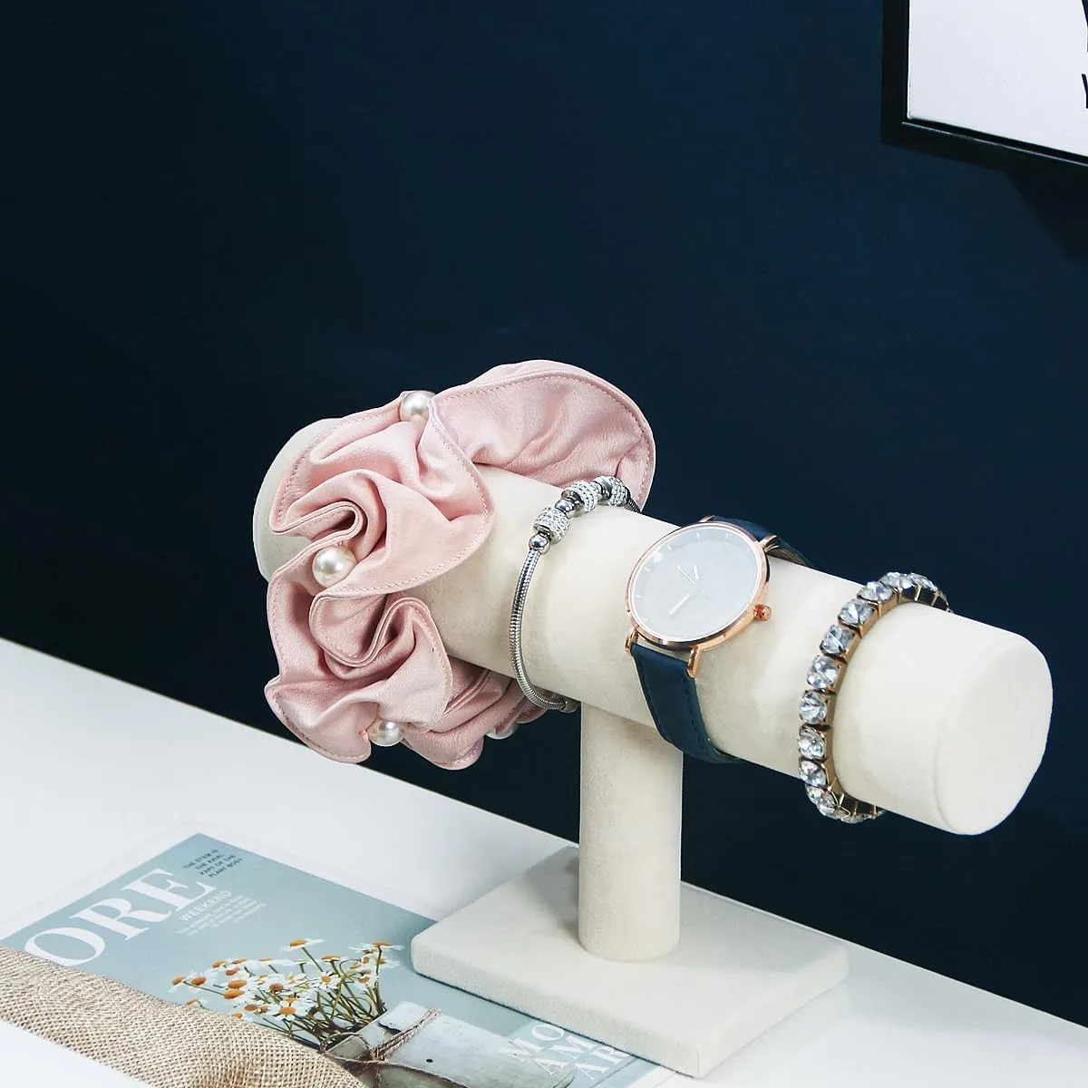 Coward T-Bar Bracelet Holder Organizer Jewelry Display Scrunchie Hair Ties Watch Stand for Home Organization Storage or Store Show Sell (Beige Velvet)