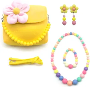 Elesa Miracle Little Girl Bag Beauty Set Plush Handbag   Flower-Shaped Clip-on Earrings   Necklace and Bracelet Set (Yellow)