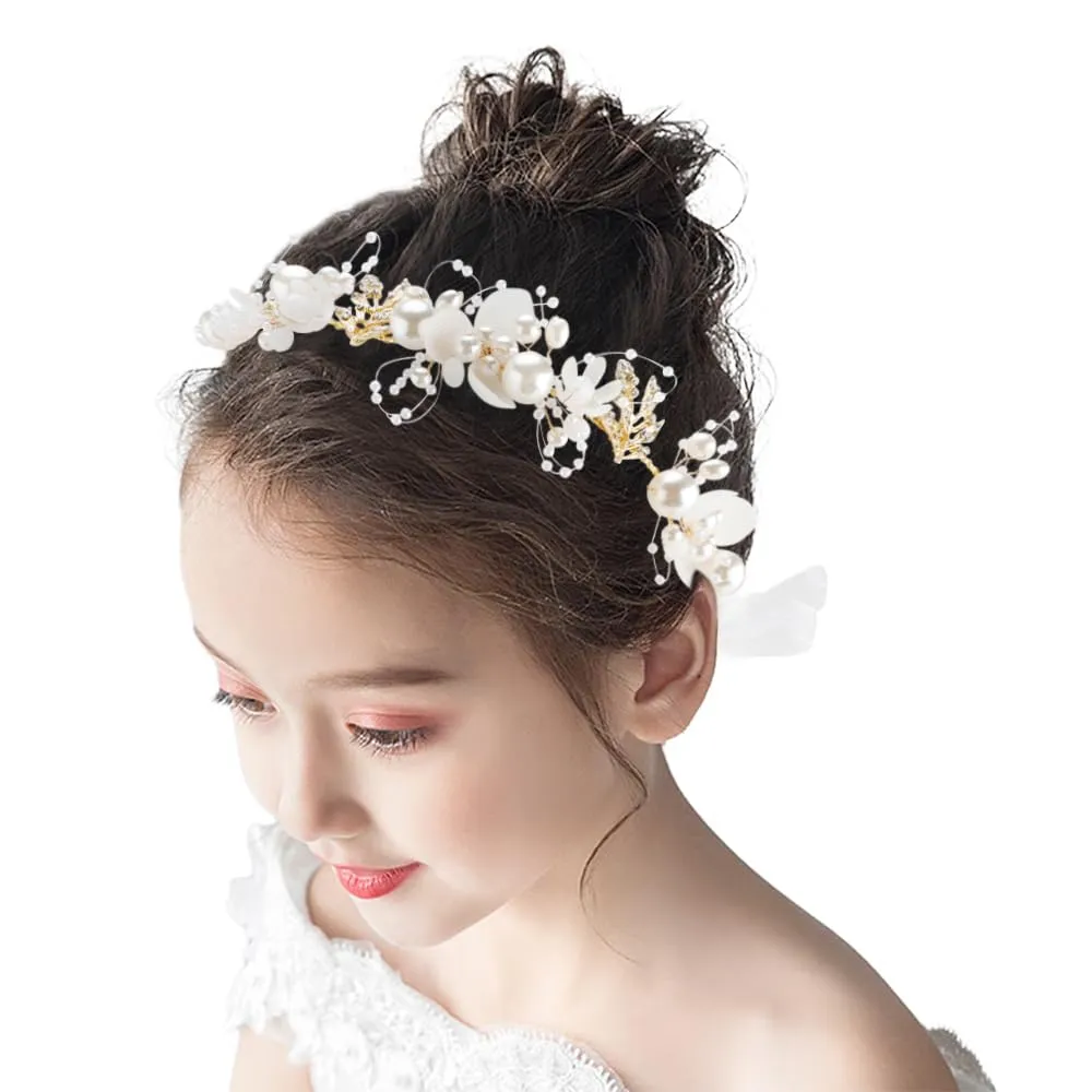 Flower Girl Hair Accessories for Girls: Pearl Headband, Floral Crown for Weddings