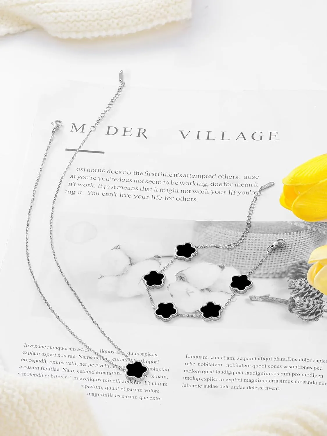 Four Leaf Clover Necklace and Bracelet Set for Women Lucky Flower 14K Gold Jewelry