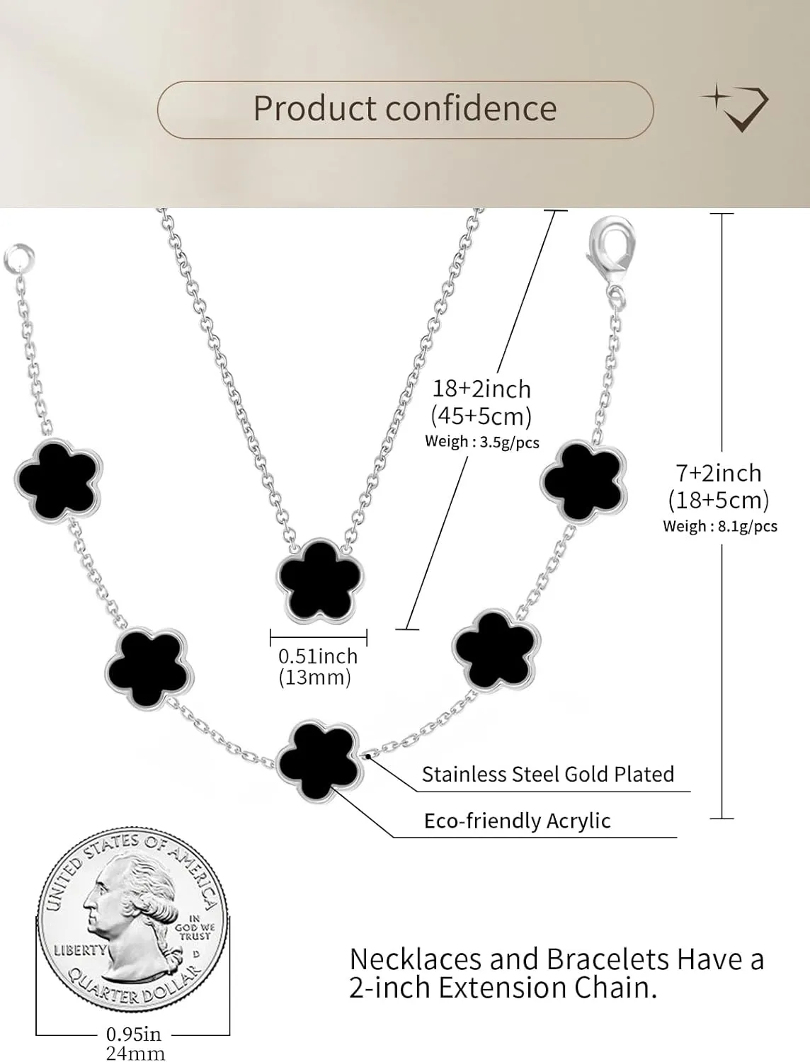 Four Leaf Clover Necklace and Bracelet Set for Women Lucky Flower 14K Gold Jewelry