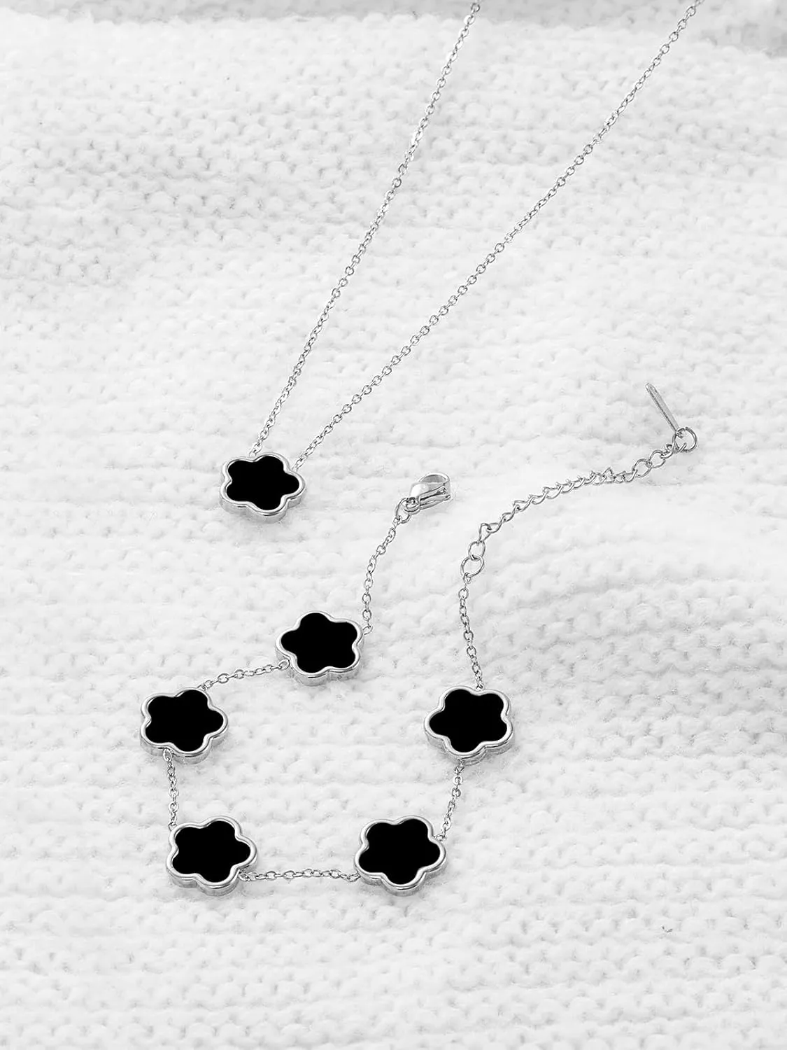 Four Leaf Clover Necklace and Bracelet Set for Women Lucky Flower 14K Gold Jewelry