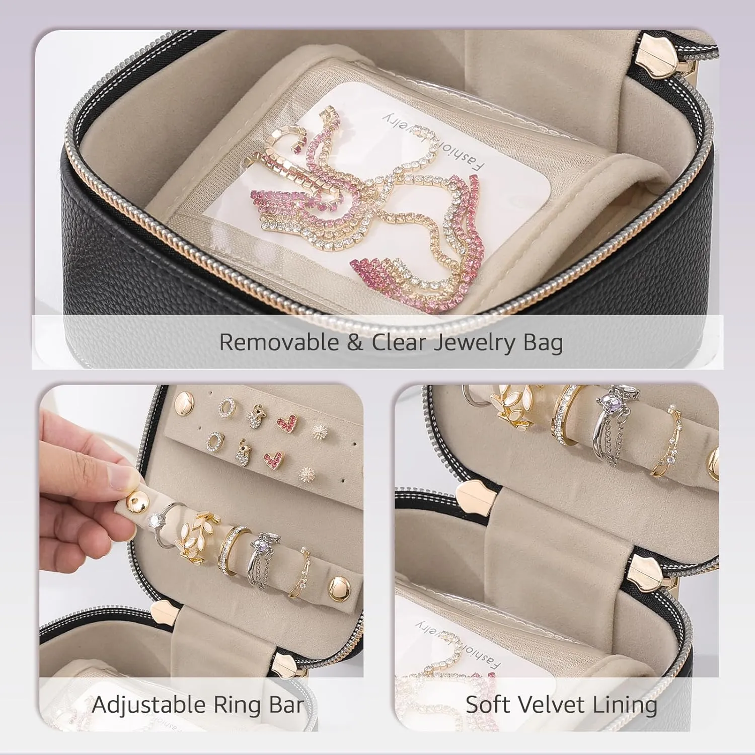 Gifturbo Travel Small Jewelry Case, Jewelry box,PU Leather 4 Zipper Bags for Women Girl,Valentine's Day Gift, Marriage, Brithday Gift,Earrings Necklace Rings Storage Gift Box Black