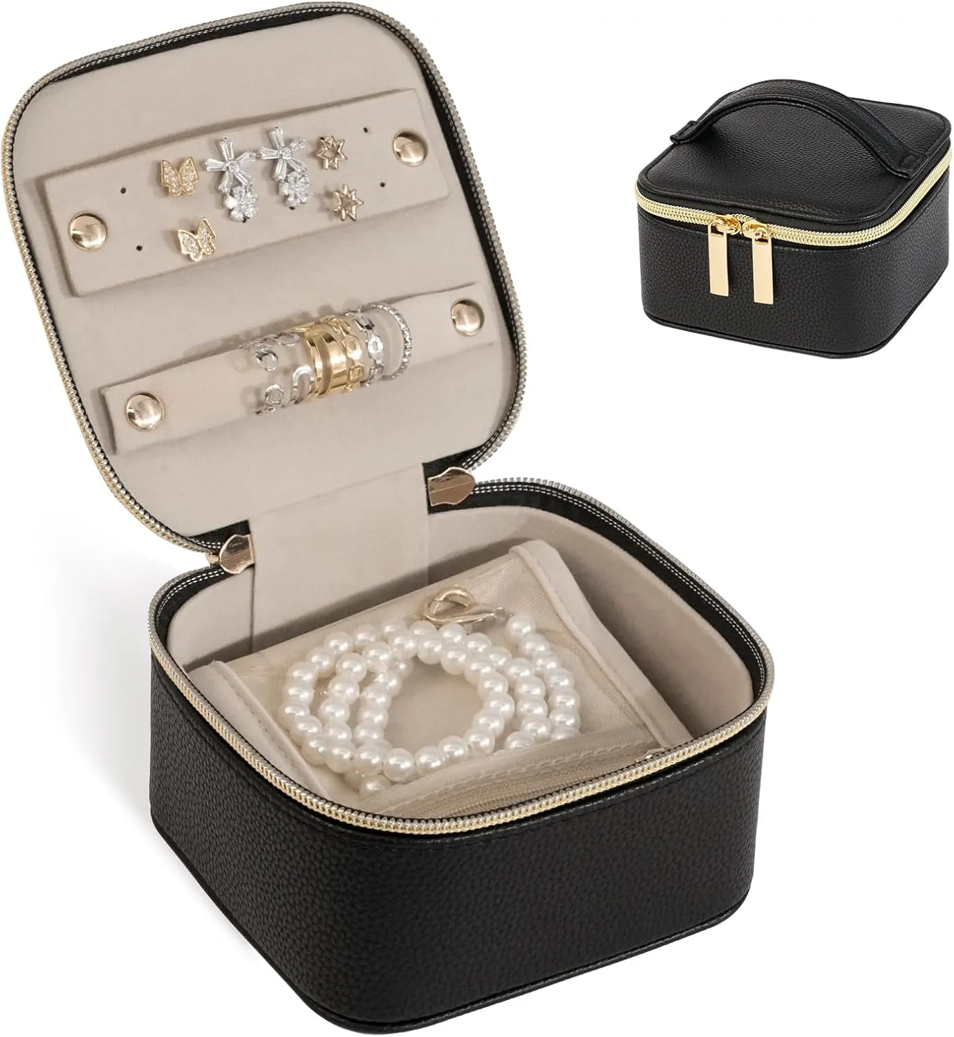 Gifturbo Travel Small Jewelry Case, Jewelry box,PU Leather 4 Zipper Bags for Women Girl,Valentine's Day Gift, Marriage, Brithday Gift,Earrings Necklace Rings Storage Gift Box Black