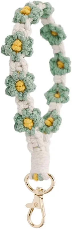 Handmade Keychain Bracelet Boho Keyring Wristlet Macrame Key Lanyard Car Key Chain Flower Hand Woven Rings for Women's Gift (Green)