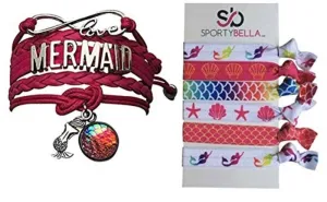 Infinity Collection Mermaid Friendship Charm Bracelet and Hair Ties - Silver and Pink Infinity Love Mermaid Friendship Charm Bracelet - Mermaid Charm Bracelet and Hair Ties for Women and Teens