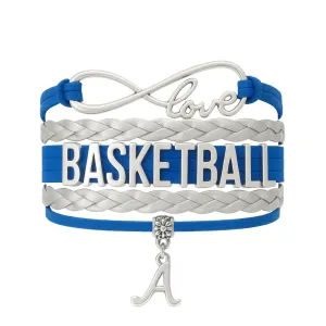 Infinity Collection - Personalized Adjustable Basketball Bracelet (Blue & Silver) with Stainless Initial Charm, Custom Jewelry Sports Themed Gift Idea