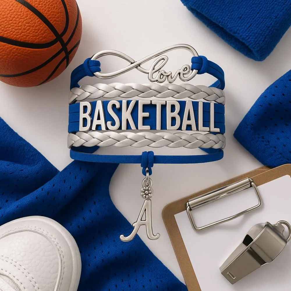 Infinity Collection - Personalized Adjustable Basketball Bracelet (Blue & Silver) with Stainless Initial Charm, Custom Jewelry Sports Themed Gift Idea