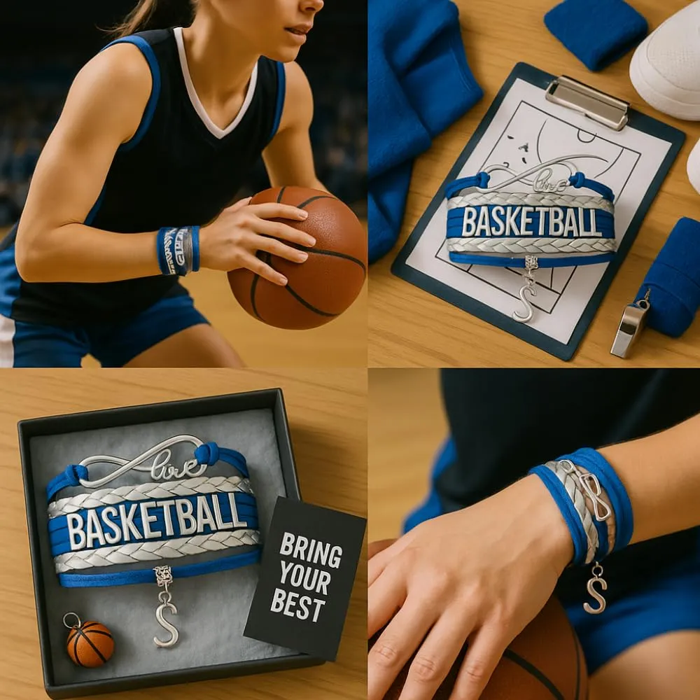 Infinity Collection - Personalized Adjustable Basketball Bracelet (Blue & Silver) with Stainless Initial Charm, Custom Jewelry Sports Themed Gift Idea