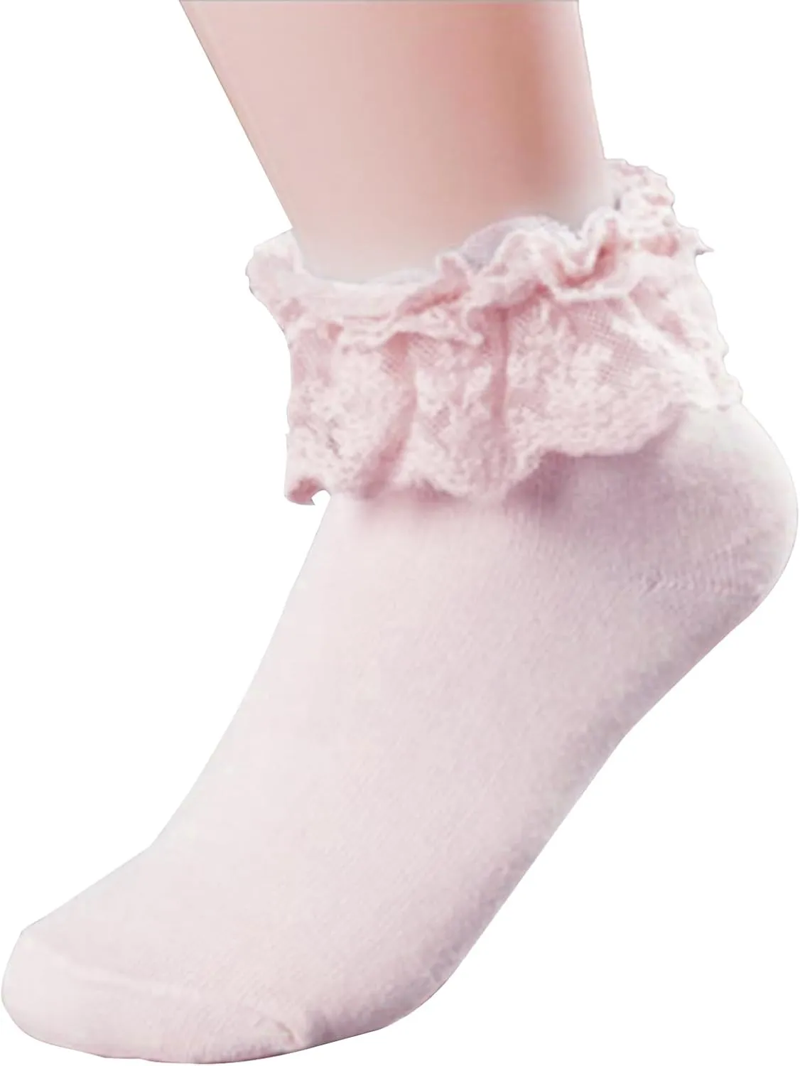 Lace Ruffle Frilly Ankle Socks for Women - Pink Cotton Ruffled Top Opaque Anklet With Lace Ruffles - Women's Bobby Socks for Lolita, Dress, Princess Occasions