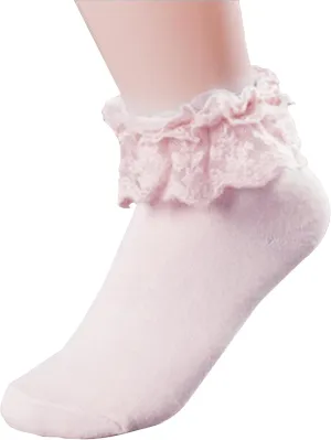 Lace Ruffle Frilly Ankle Socks for Women - Pink Cotton Ruffled Top Opaque Anklet With Lace Ruffles - Women's Bobby Socks for Lolita, Dress, Princess Occasions