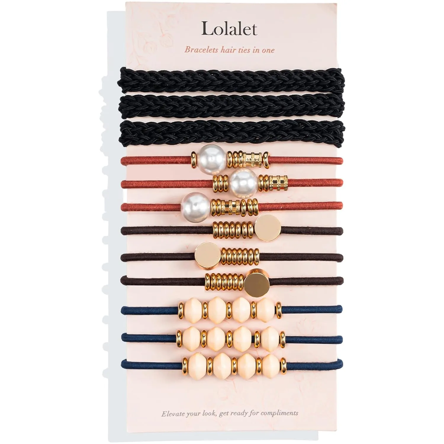 Lolalet Boho Hair Ties for Women, Soft Braided Elastic Bracelets, No-Pull No-Damage Ponytail Holders for Thick Thin Long Curly Hair -12 Pcs, Beads