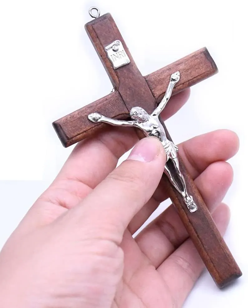 Mens Womens Catholic Gift Handmade in The Holy Land Wood Natural Cross Crucifix Prayer and Holding Cross Necklace Pendant for Religious Gatherings and Churches 7cmx12cm (Win Red)