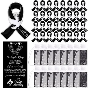 Quelay 50 Sets Funeral Ribbon Pins Funeral Favors Ribbon Pins Prayer Cards and Organza Bags Awareness Lapel Forever in Our Hearts Memorial Brooch for Mourning Remembrance Day