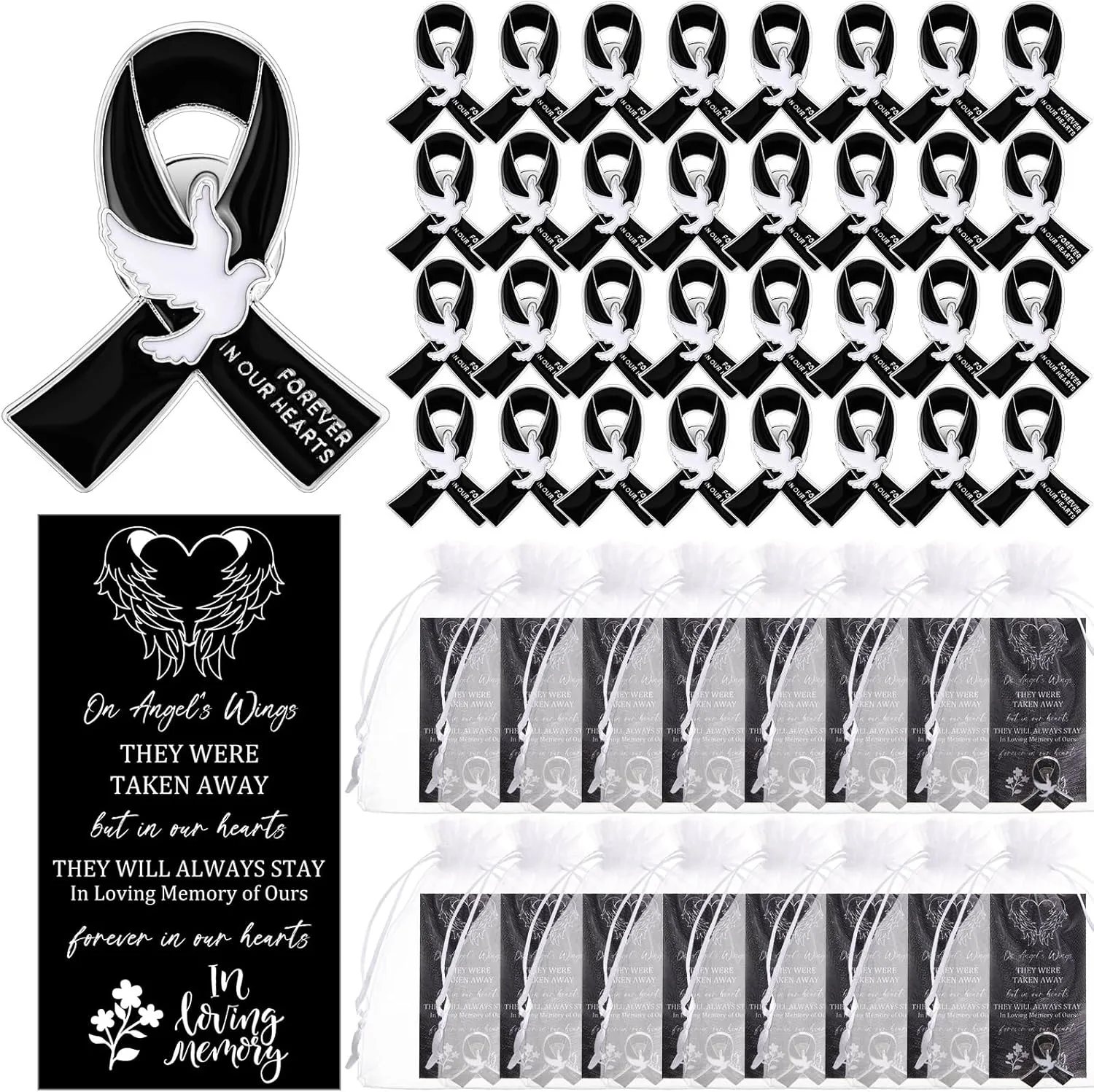 Quelay 50 Sets Funeral Ribbon Pins Funeral Favors Ribbon Pins Prayer Cards and Organza Bags Awareness Lapel Forever in Our Hearts Memorial Brooch for Mourning Remembrance Day