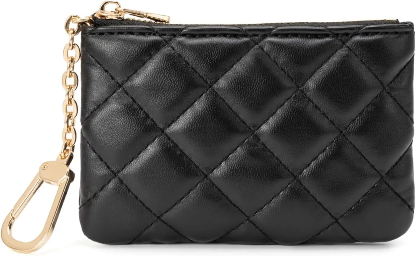 Quilted Leather Coin Purse with Keychain - Small Coin Pouch Key Pouch Small Card Holder Keychain Wallet Change Purse for Women and Men (Black)