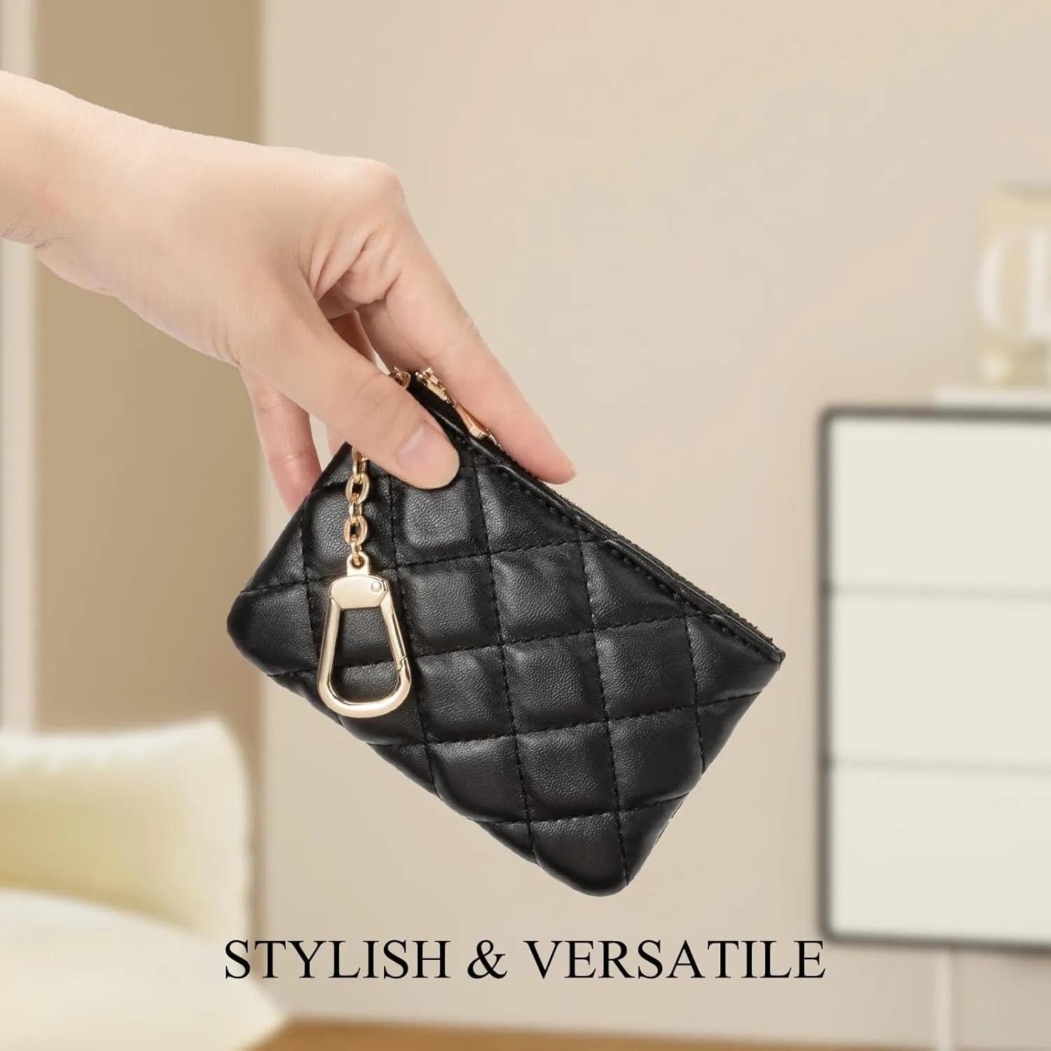 Quilted Leather Coin Purse with Keychain - Small Coin Pouch Key Pouch Small Card Holder Keychain Wallet Change Purse for Women and Men (Black)