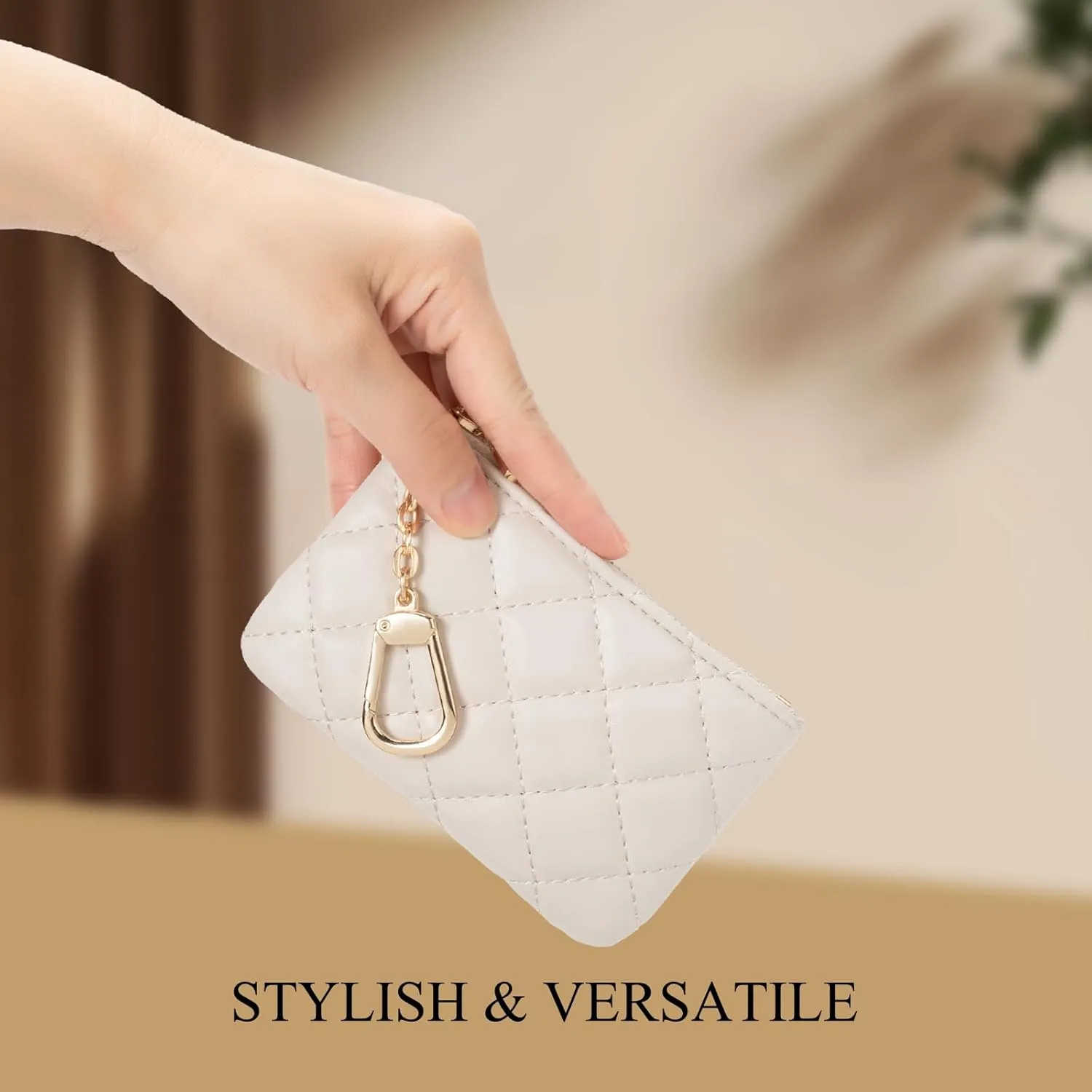Quilted Leather Coin Purse with Keychain - Small Coin Pouch Key Pouch Small Card Holder Keychain Wallet Change Purse for Women and Men (Creamy-white)