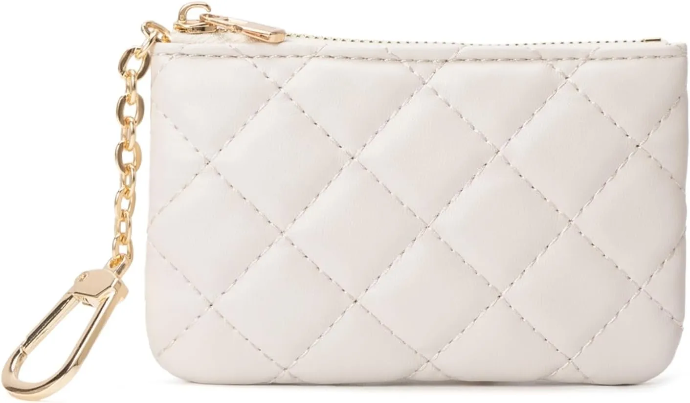 Quilted Leather Coin Purse with Keychain - Small Coin Pouch Key Pouch Small Card Holder Keychain Wallet Change Purse for Women and Men (Creamy-white)