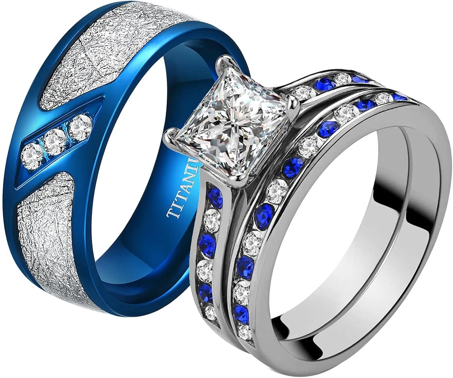 ringheart 2 His and Hers Ring Couple Rings White Gold Plated Princess Cut Cz Womens Wedding Ring Sets Red Titanium Steel Mens Wedding Bands