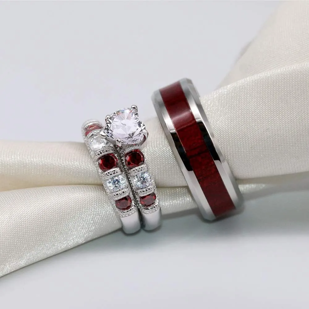 TWO RINGS Wedding Ring Sets His And Hers Promise Ring Couples Bridal Sets Women 925 Sterling Silver Heart Cz Man Tungsten Carbide Wedding Band