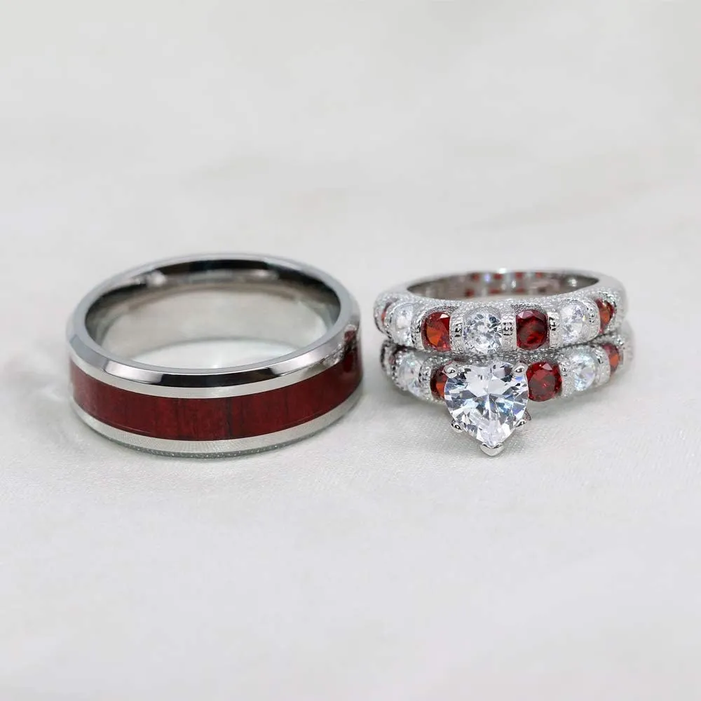 TWO RINGS Wedding Ring Sets His And Hers Promise Ring Couples Bridal Sets Women 925 Sterling Silver Heart Cz Man Tungsten Carbide Wedding Band