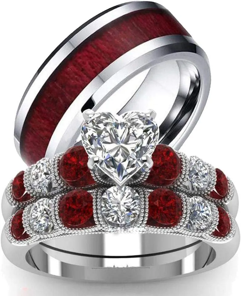 TWO RINGS Wedding Ring Sets His And Hers Promise Ring Couples Bridal Sets Women 925 Sterling Silver Heart Cz Man Tungsten Carbide Wedding Band